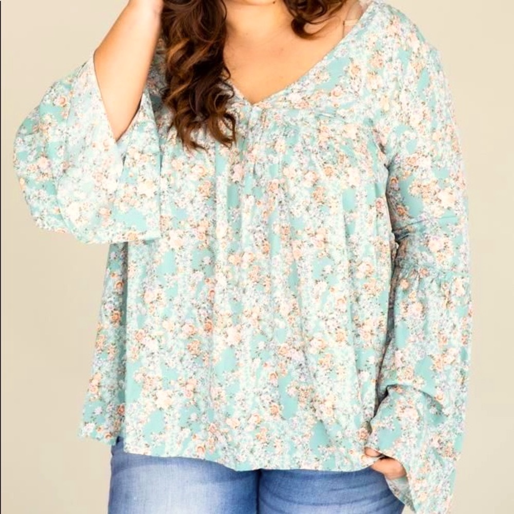 Pink Lily - Sage - Dancing in the gardens long sleeved floral blouse - Size M